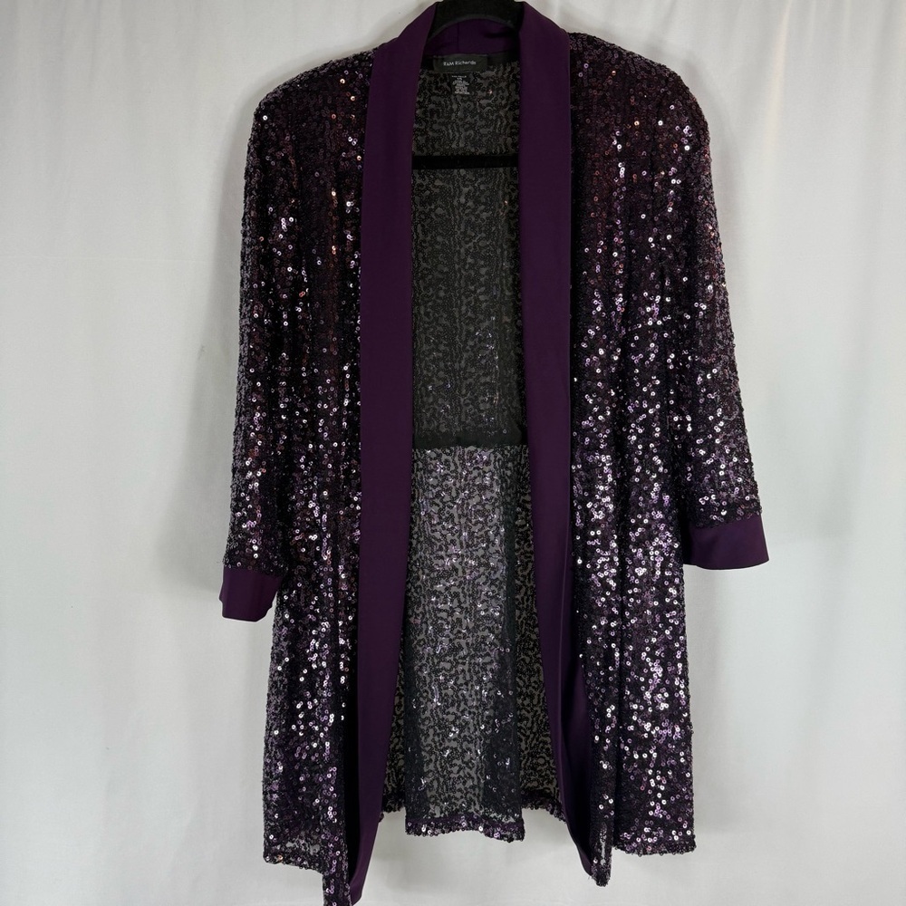 R&M Richards Women' Sequin Swing Jacket burgundy plum Sz 14 shoulder pads